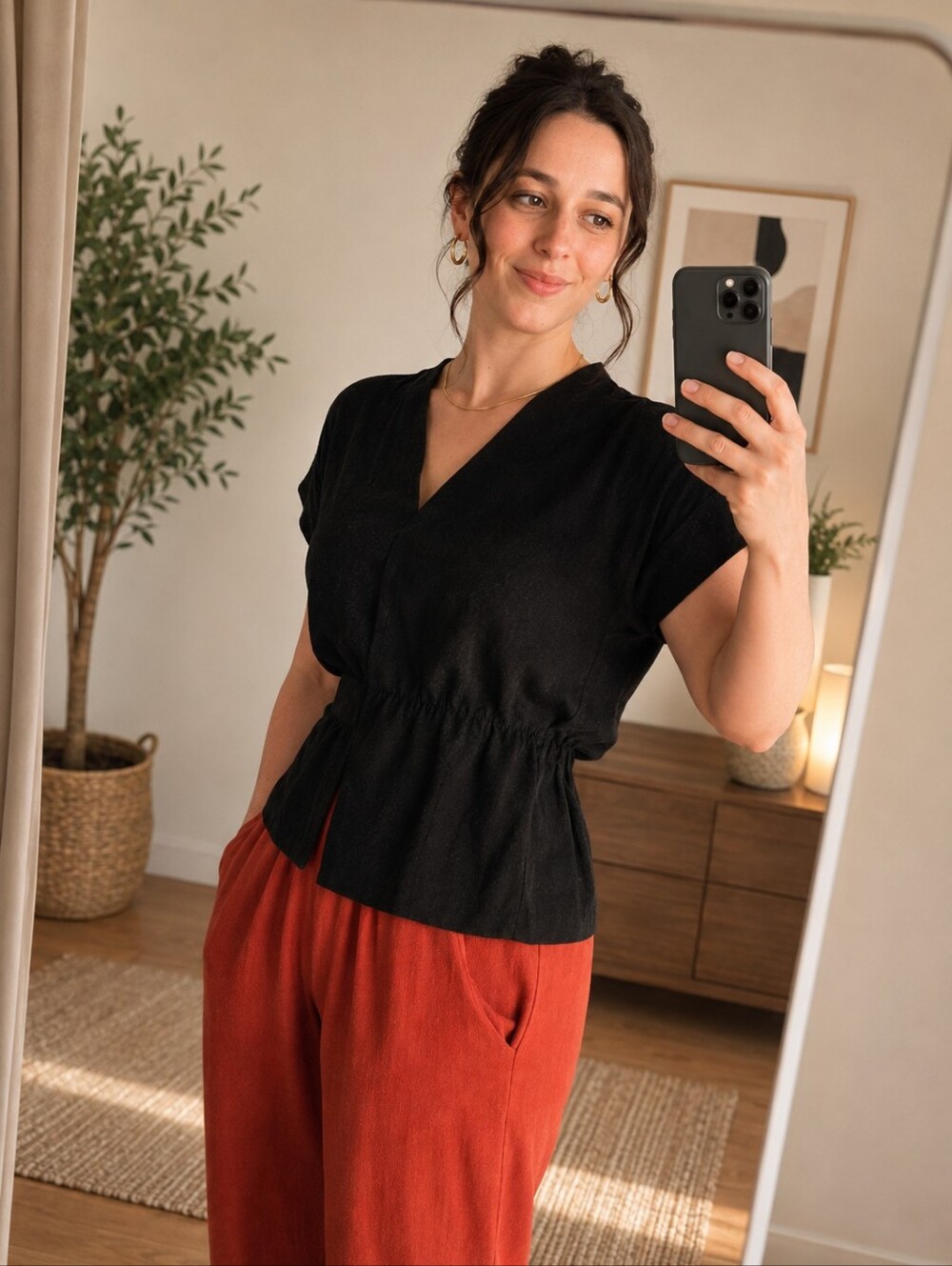 Melow by Melissa Bolduc Black V-Neck Dolman Sleeves Waist-Defined Top